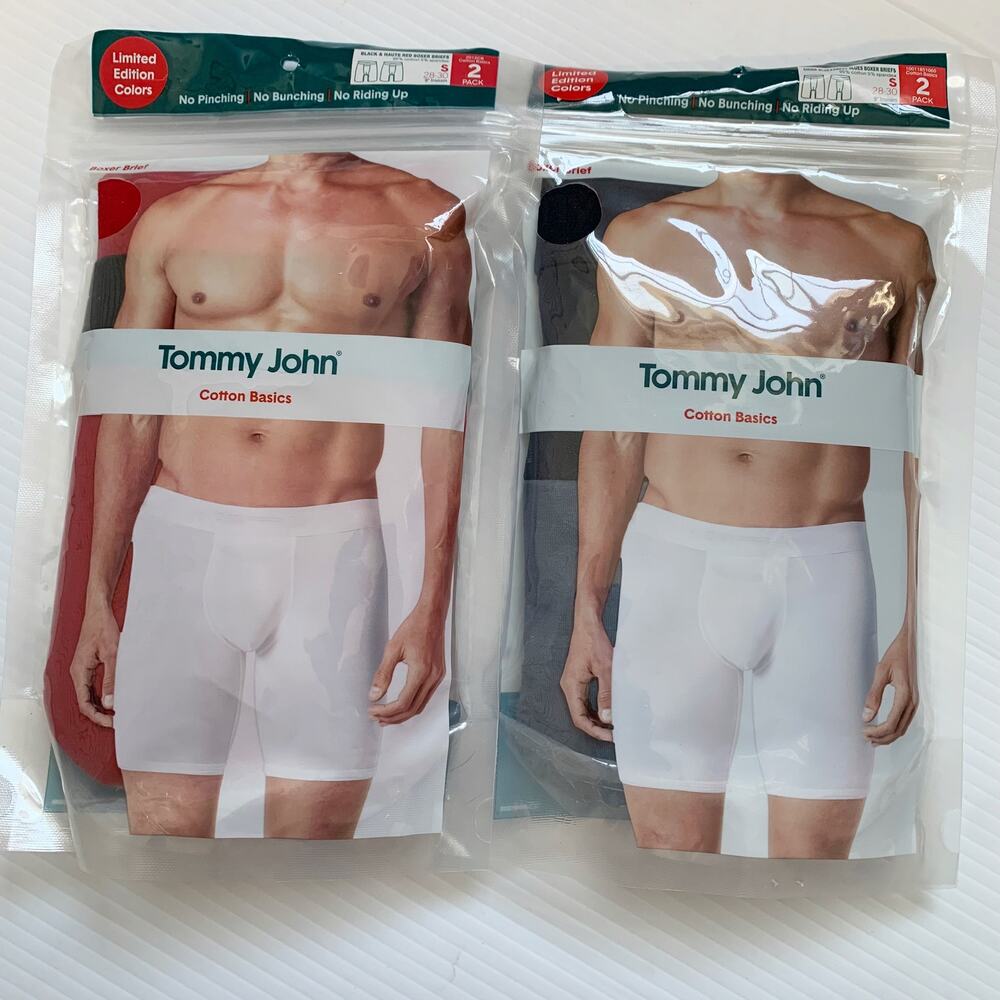 (4)2x2 Pack Tommy John Cotton Basics Boxer Briefs Small Black Red Blue 9" Inseam